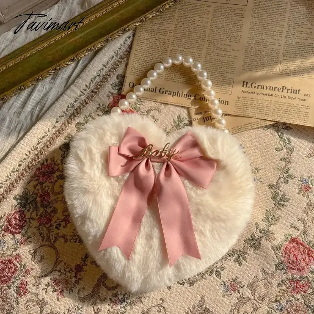 TAVIMART Plush Heart Handbag Women Sweet Bow Fur Chic Pearl Handle Crossbody Bags Female Harajuku Fairycore Lolita Bag Aesthetic