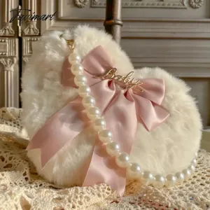 TAVIMART Plush Heart Handbag Women Sweet Bow Fur Chic Pearl Handle Crossbody Bags Female Harajuku Fairycore Lolita Bag Aesthetic