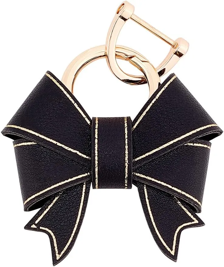 WADORN Bowknot Keychain for Women, PU Leather Cute Bow Key Ring Personalized Car Key Holder Purse Handbag Pendant Charm with D Ring Backpack Decorations Craft Accessories Ladies Gift, Black